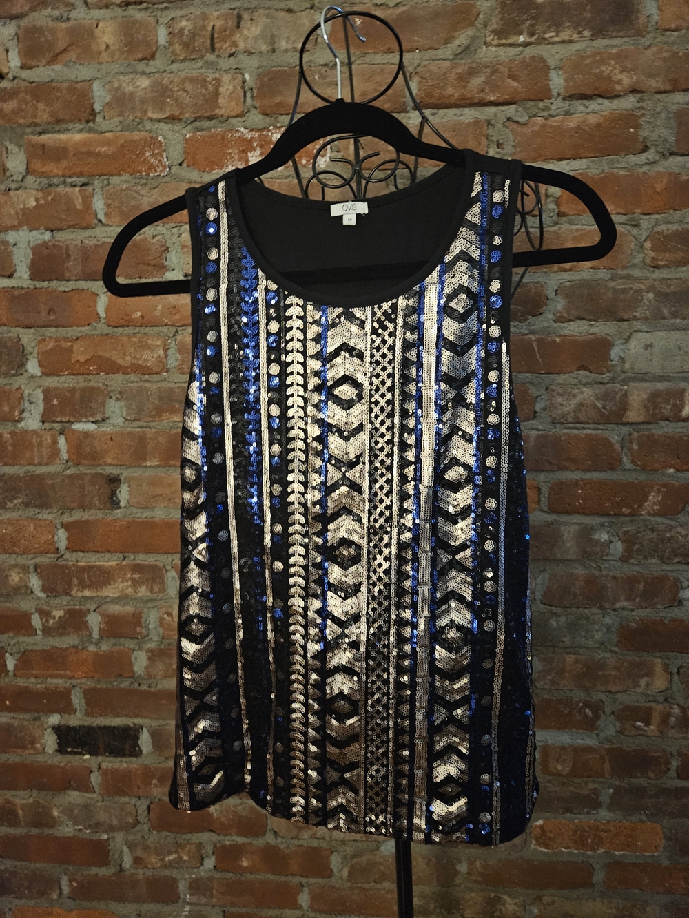 OVS Women's Black  Gold and Blue Striped Sequin Tank Top